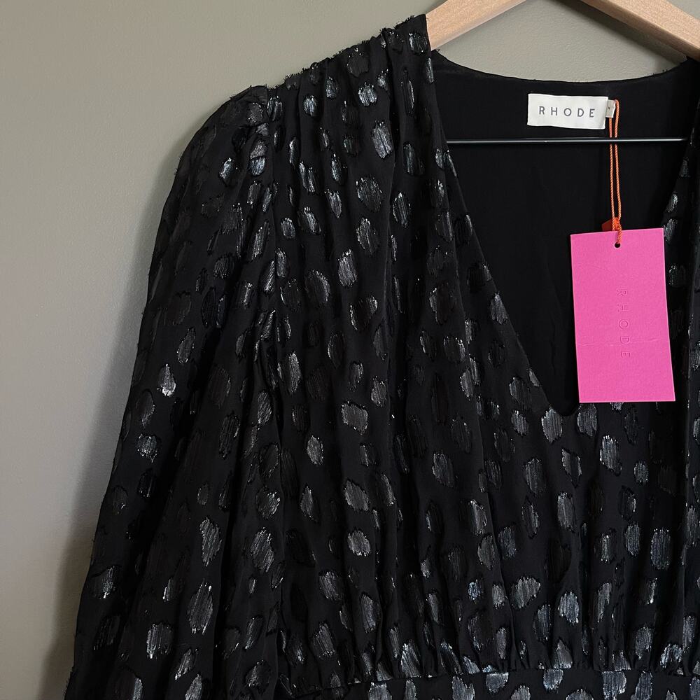 NWT RHODE Bianca Dress Black Metallic Size 2 Long Sleeve V-Neck Ruffles Blouson - Picture 5 of 16